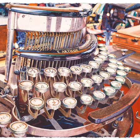Portrait of E. Arthur — painting of a mechanical typewriter at a market